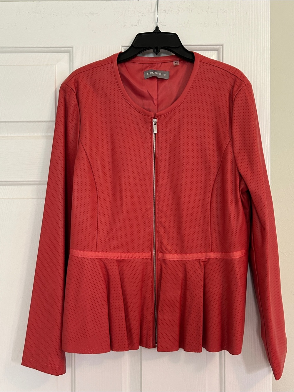 Bagatelle Coral Red Perforated Zip-Front Peplum Jacket Faux Leather SzXL